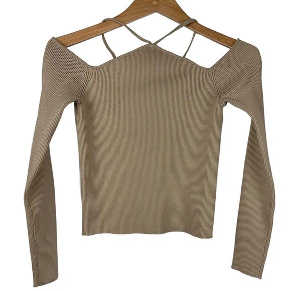 Mable ANTHRO small Monroe mocha tan off shoulder long sleeve crop strap ribbed - Picture 4 of 12